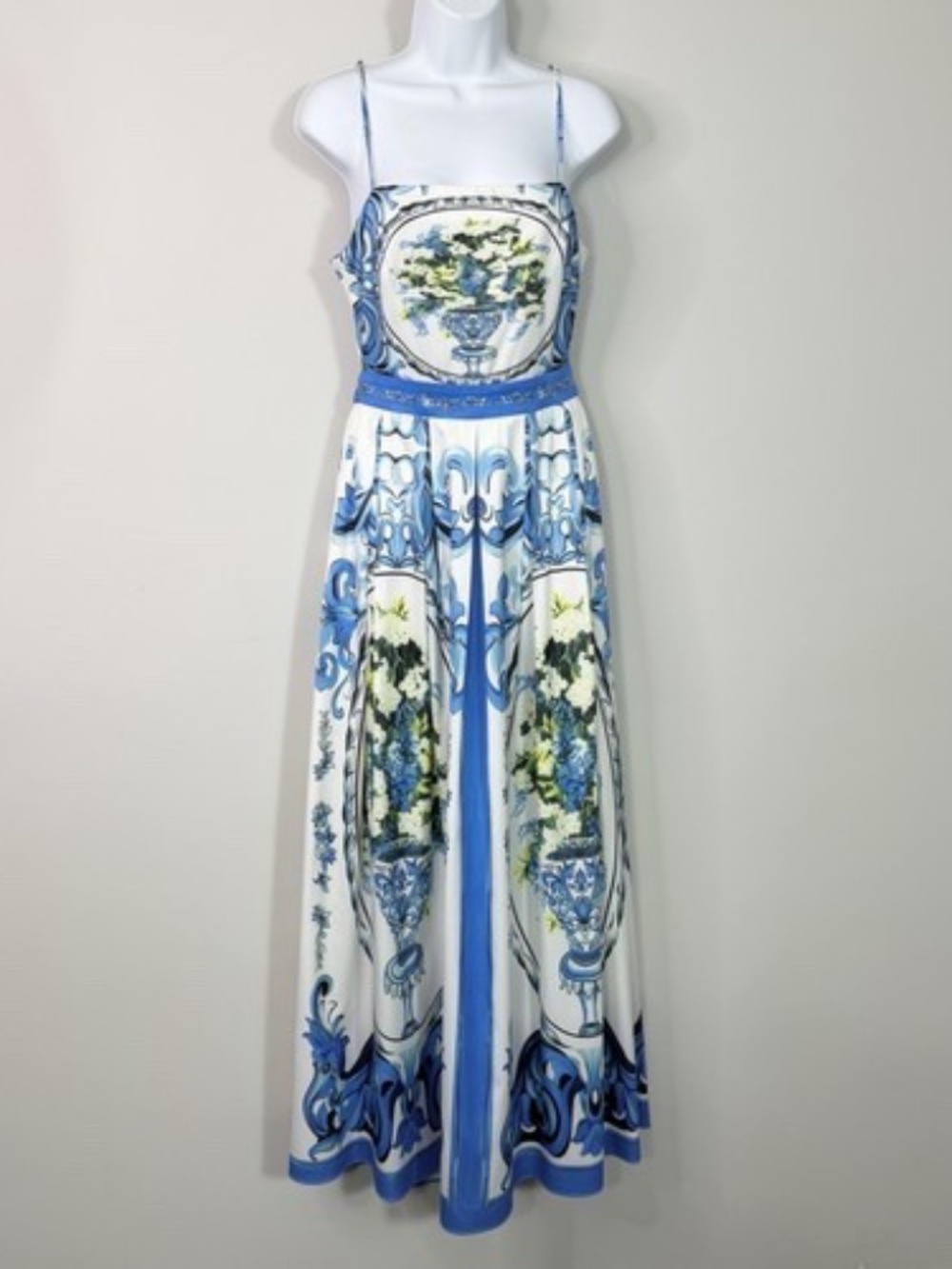 L'Atiste By Amy Dress Womens Medium Blue White Floral Cutout Tie Back Maxi Boho